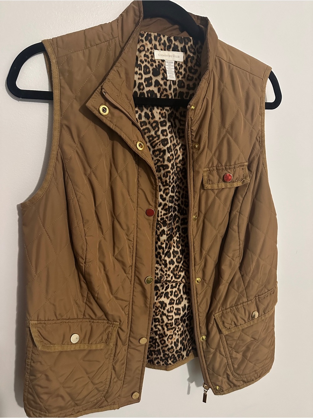 Charter Club Quilted Tan Vest with Leopard Lining
